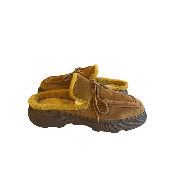Burberry *NEW*  Stony Suede & Shearling Wood Mules - Picture 2 of 7